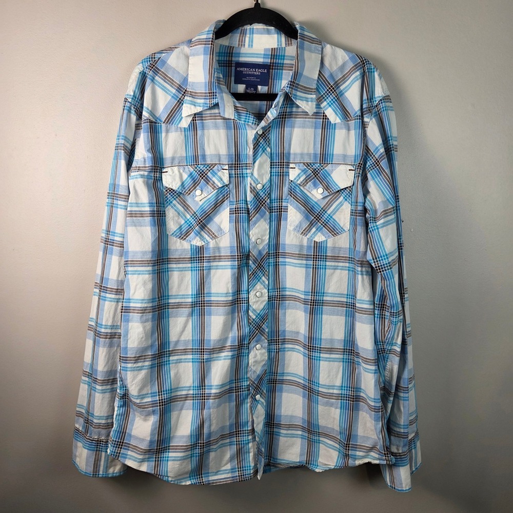 American Eagle Western Shirt Mens L Blue Excellent Pearl Snap Plaid Button Down